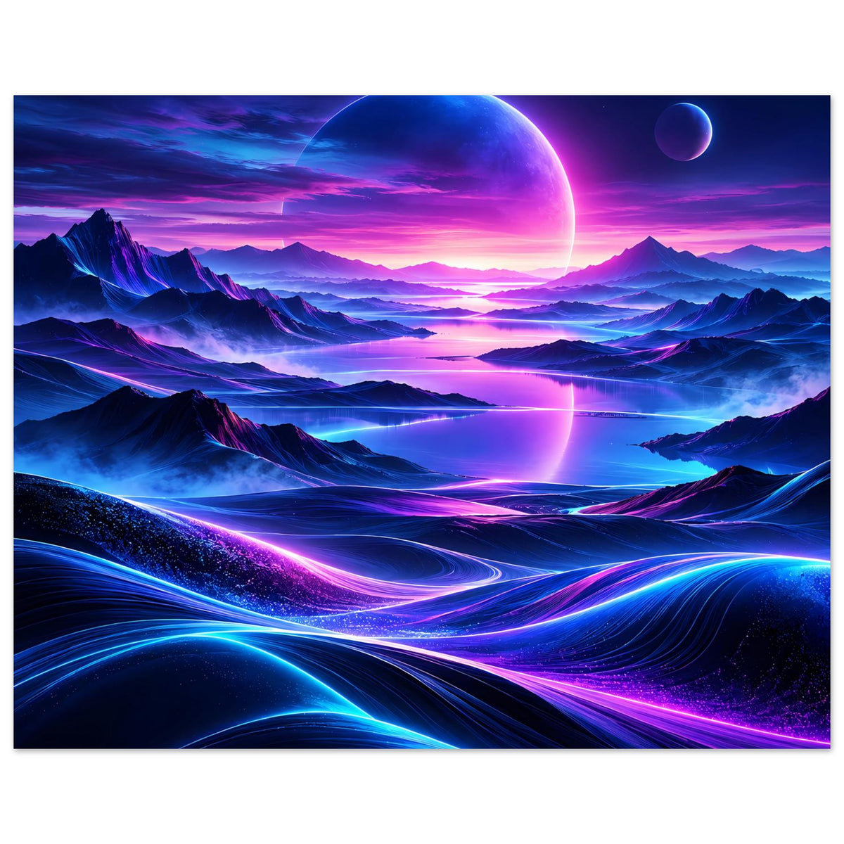 Neon-Weltraum-Poster mit großen Planetenrand, violettem Sonnenlicht und fließenden Neonspuren