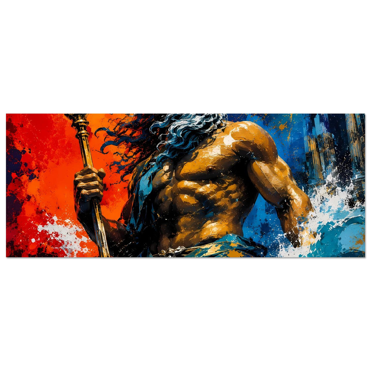 Horizontales Poster mit Poseidon-Figur und Dreizack, kräftiges Rot-Blau-Spritzdesign