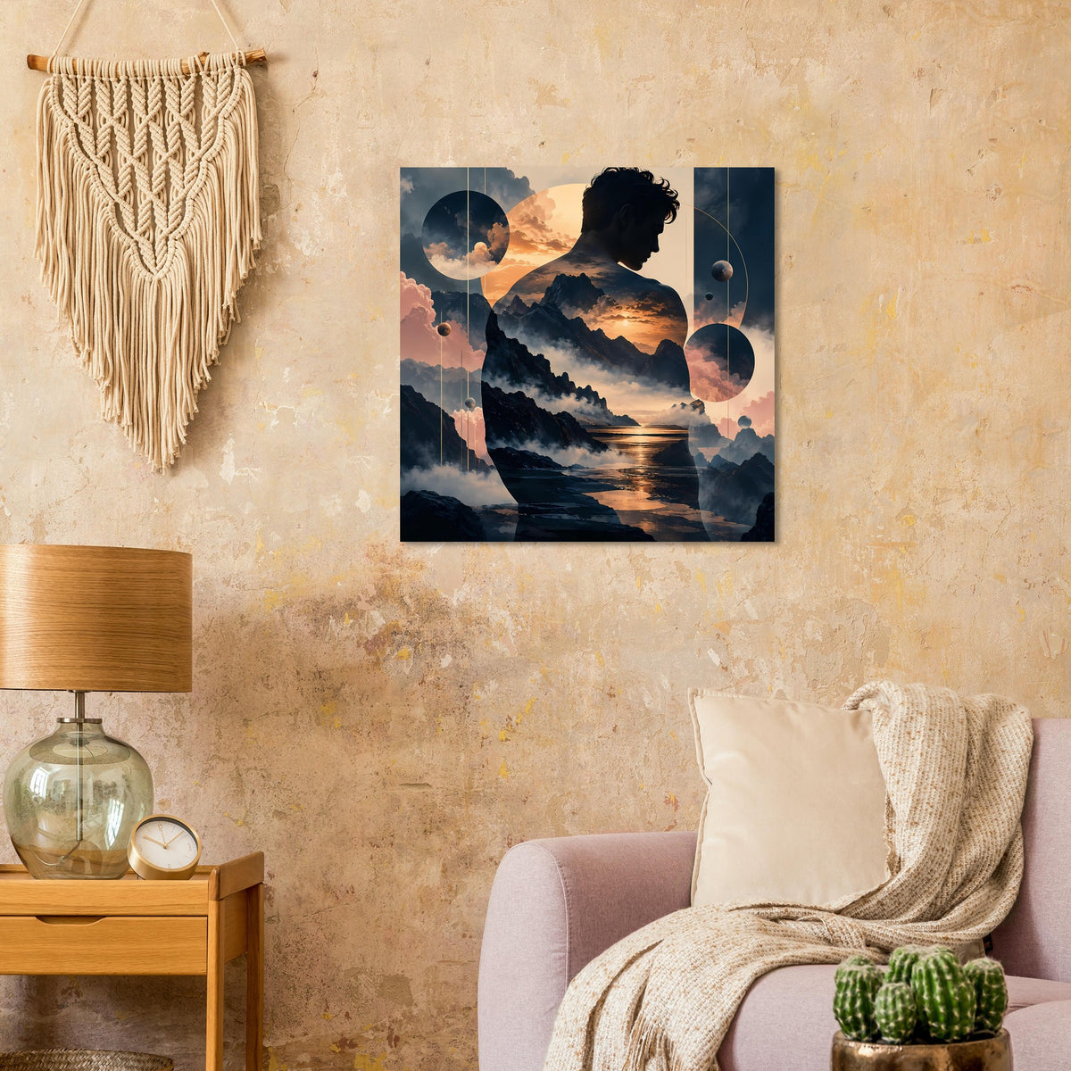 Quadratisches Poster mit Berglandschaft, Wasserfläche und Gesichtssilhouette im Sonnenuntergang