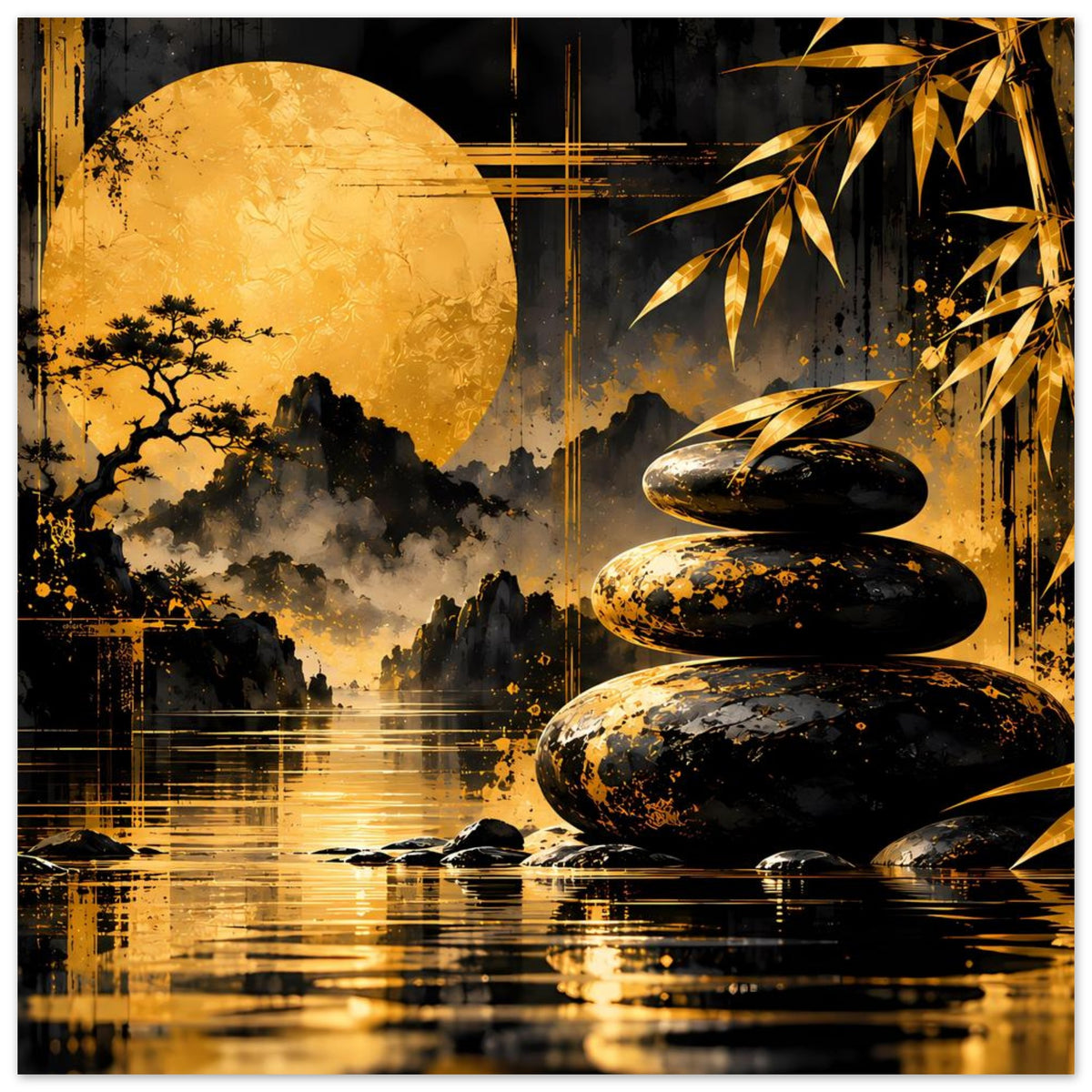 Kunstposter mit Zen-Motiv: goldener Mond, schwarze Steine und Bambuszweige am Rand