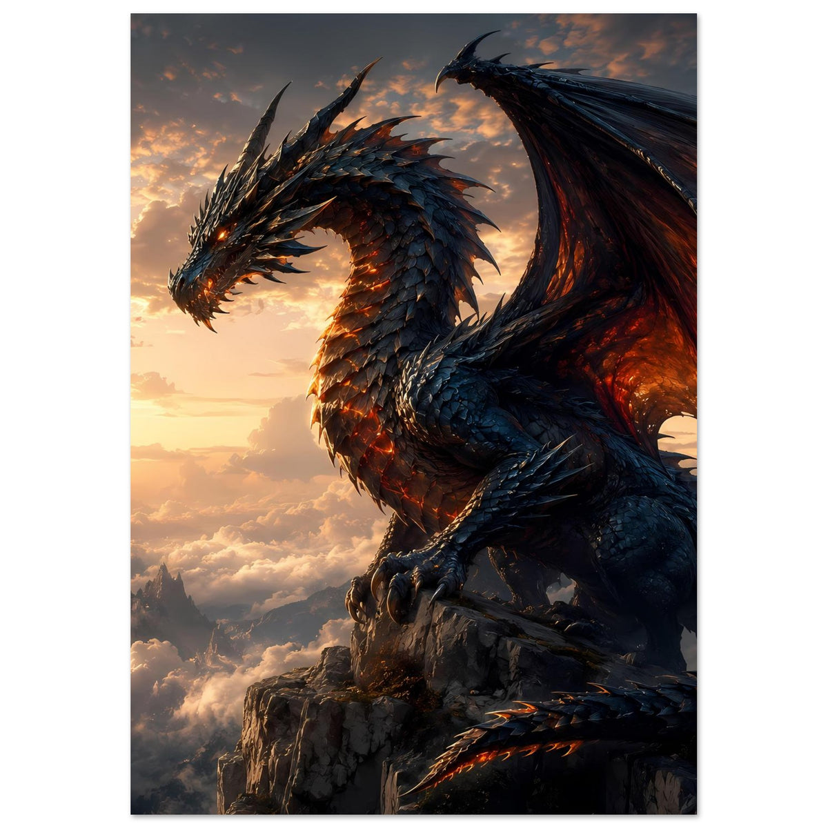 Drachenfantasy-Poster senkrecht: blauer Drache mit leuchtenden Augen und dunklen Flügeln
