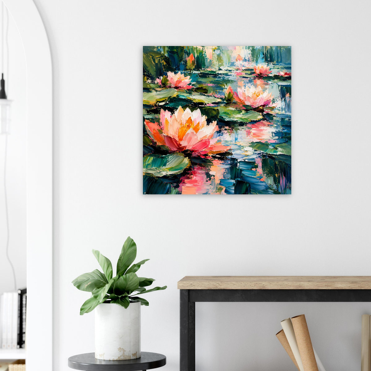 Quadratisches Poster mit Seerosen-Motiv in kräftigen Rosa-, Grün- und Blaunuancen