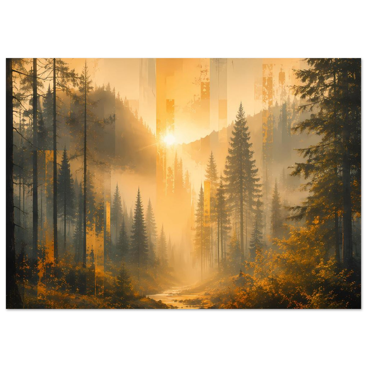 Wandposter Waldfluss im Sonnenaufgang zwischen hohen Tannen, warmes Licht, Querformat
