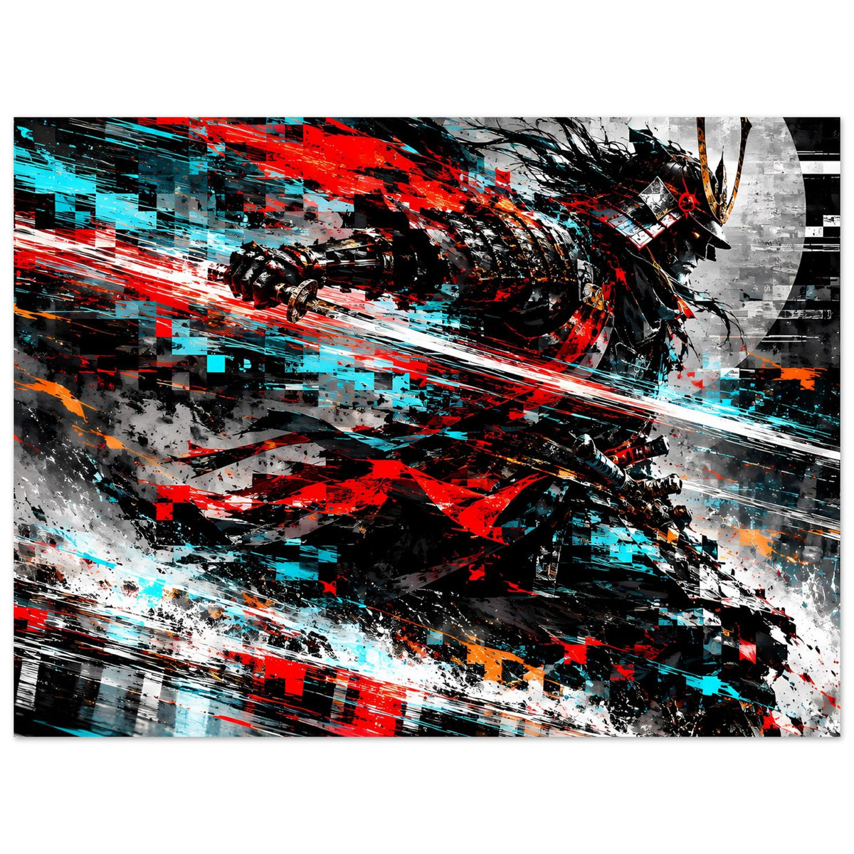 Action-Poster im Querformat mit Samurai-Silhouette, Rot, Cyan und Weiß auf dunklem Grund