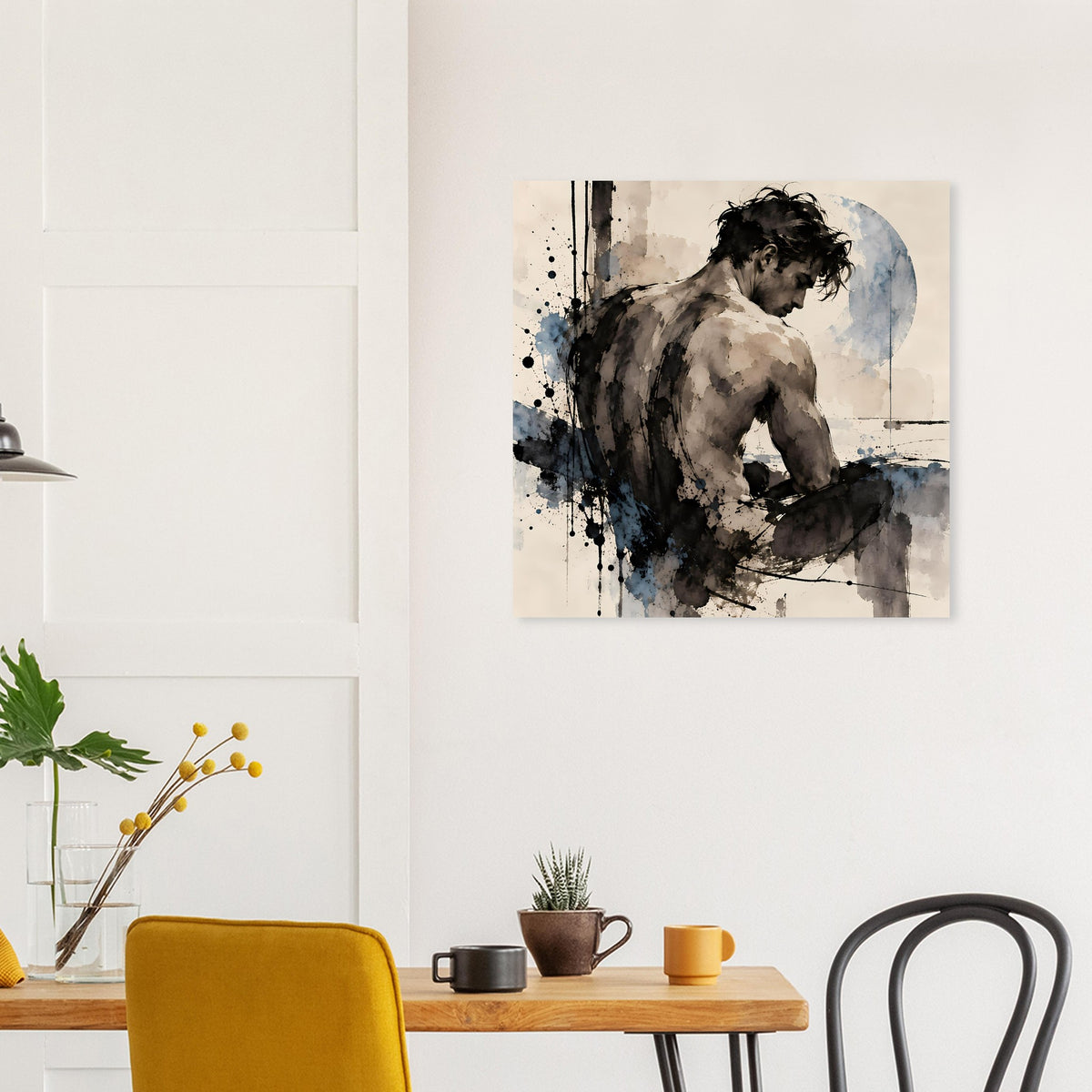 Expressionistische Aktstudie: Rückenansicht des Mannes, kontrastreiche Tusche auf beigem Grund