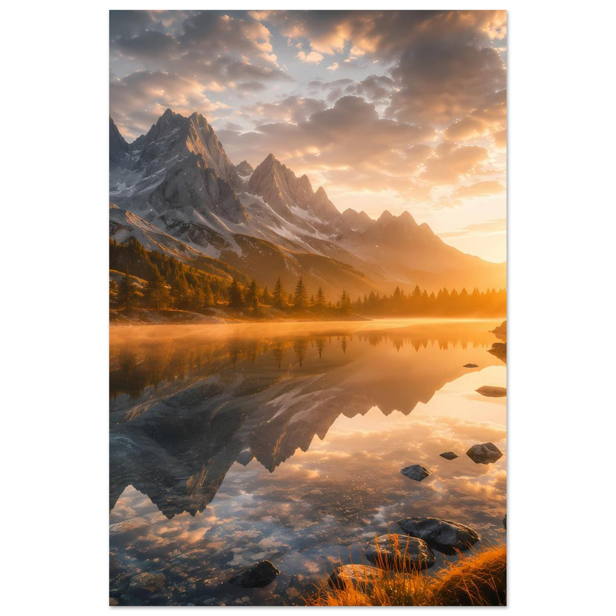 Poster im Hochformat mit Berg- und See-Landschaft, orangefarbenem Licht und Reflexion
