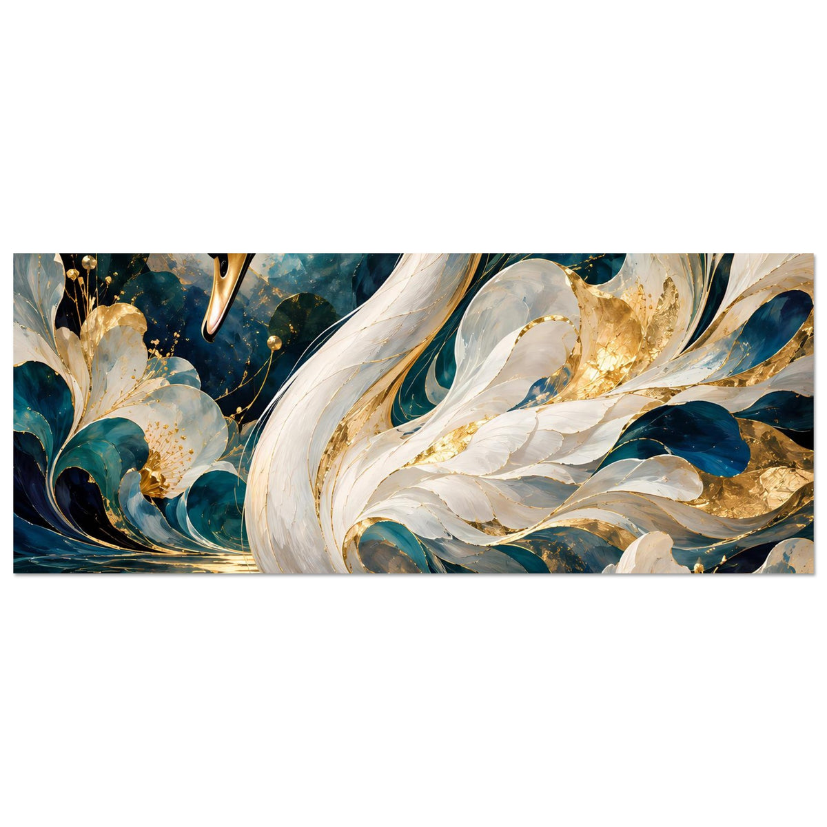 Horizontales Poster: weißer Schwan mit goldenen Akzenten und türkisblauen Wasserwirbeln