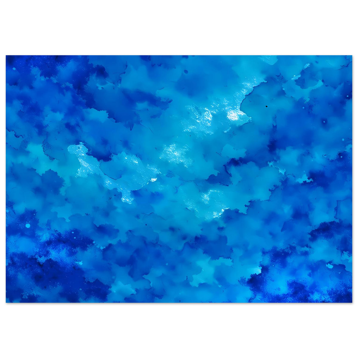 Horizontales Poster mit blauem abstraktem Wolken-Aquarell und zentralem Lichtschimmer