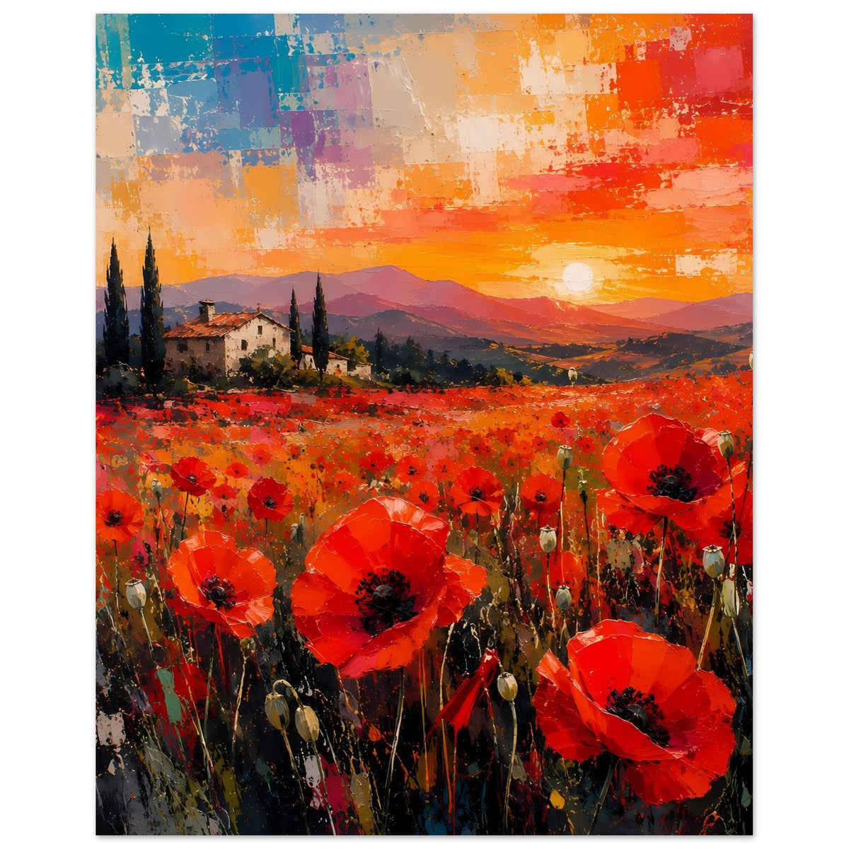 Poster mit rotem Mohnblumenfeld, Landhaus im Hintergrund und leuchtender Abendsonne