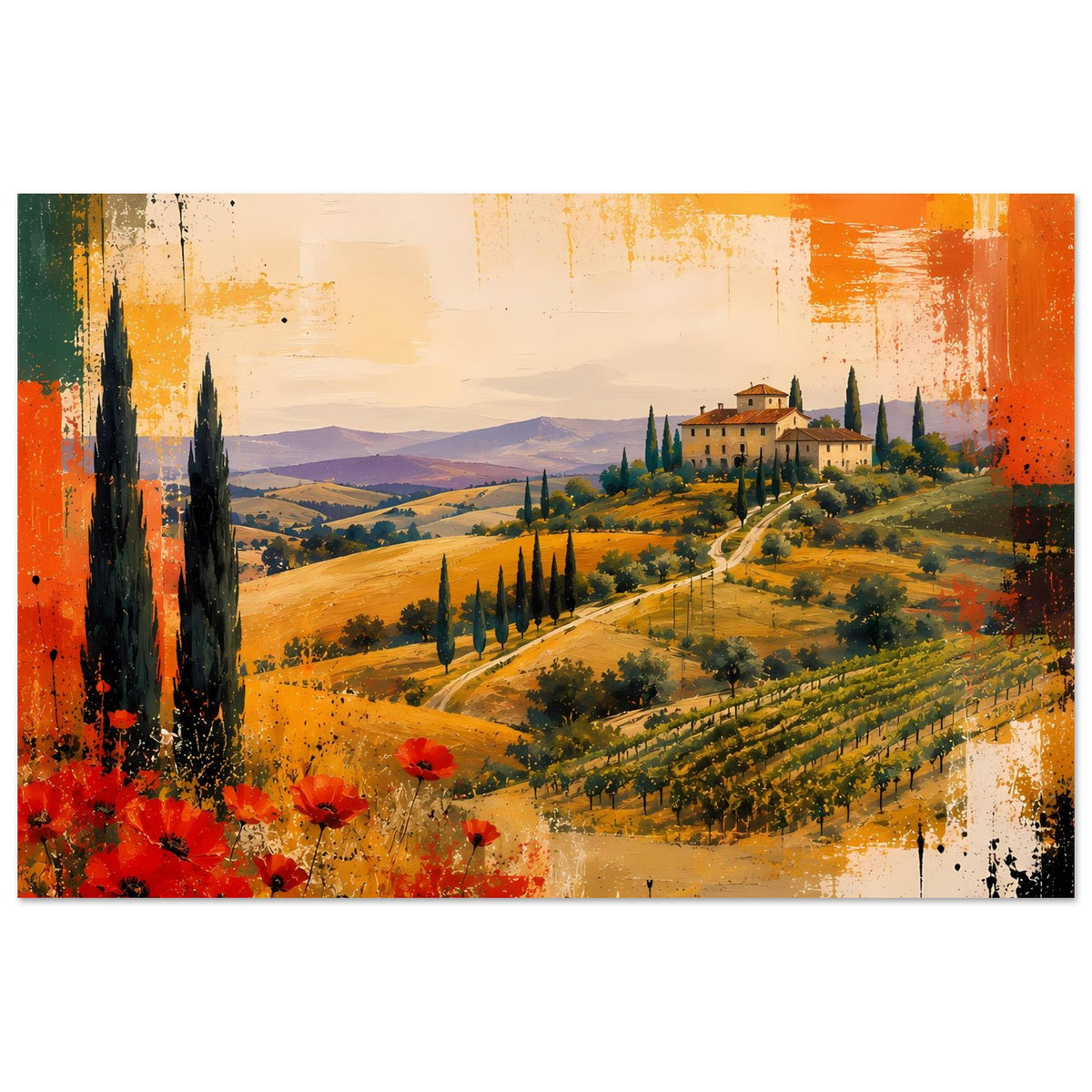 Abstraktes Poster mit mediterraner Landschaft: Villa, Zypressen, rote Blumen und Farbspuren