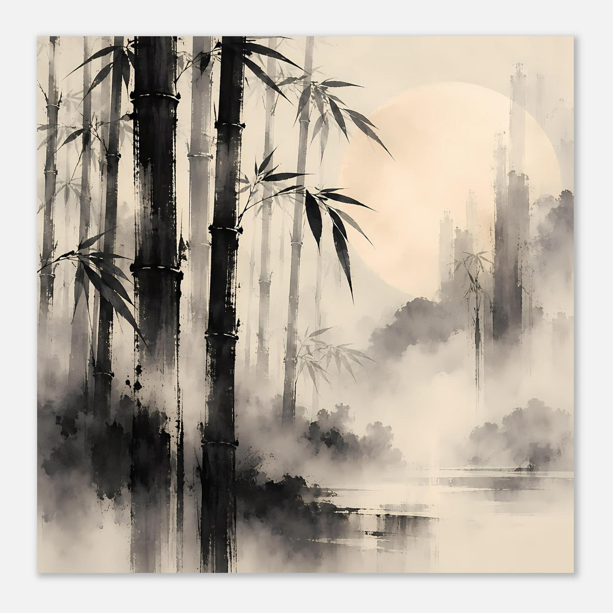 Poster im Querformat mit Bambuswald, Schwarz-Grau-Malerei, Nebel und Wasserlinie