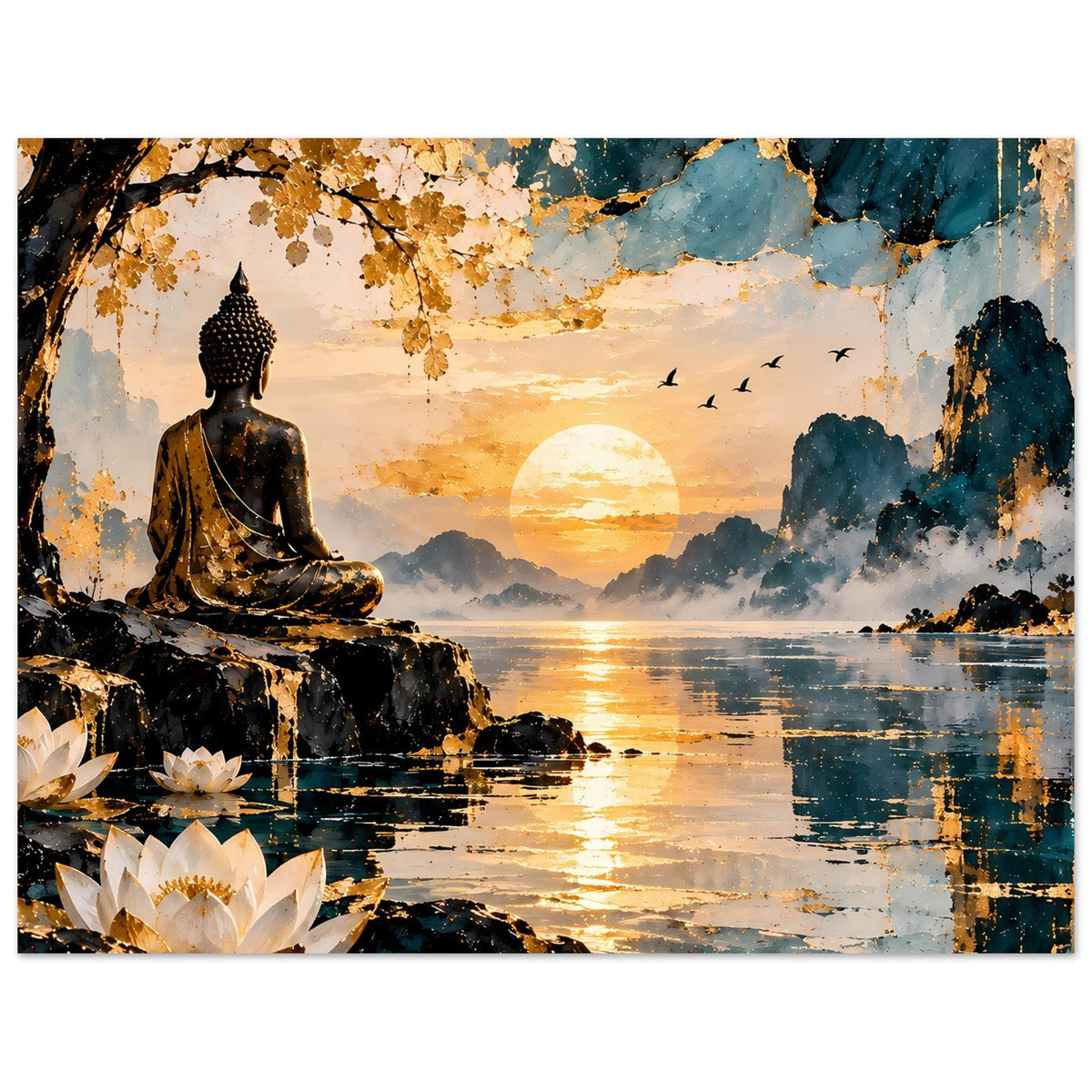 Poster im Hochformat: sitzender Buddha, gold-blauer Sonnenuntergang, Lotusblüten und Vögel