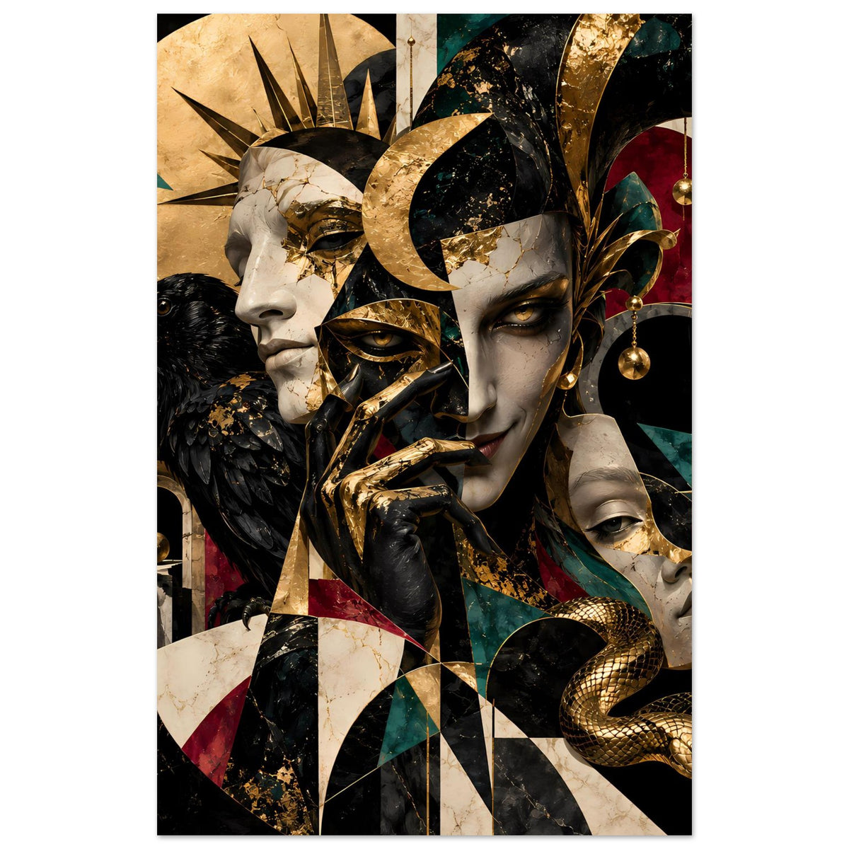 Vertikales Kunstposter mit Maskenporträts, schwarzer Krähe, Schlange und Golddetails