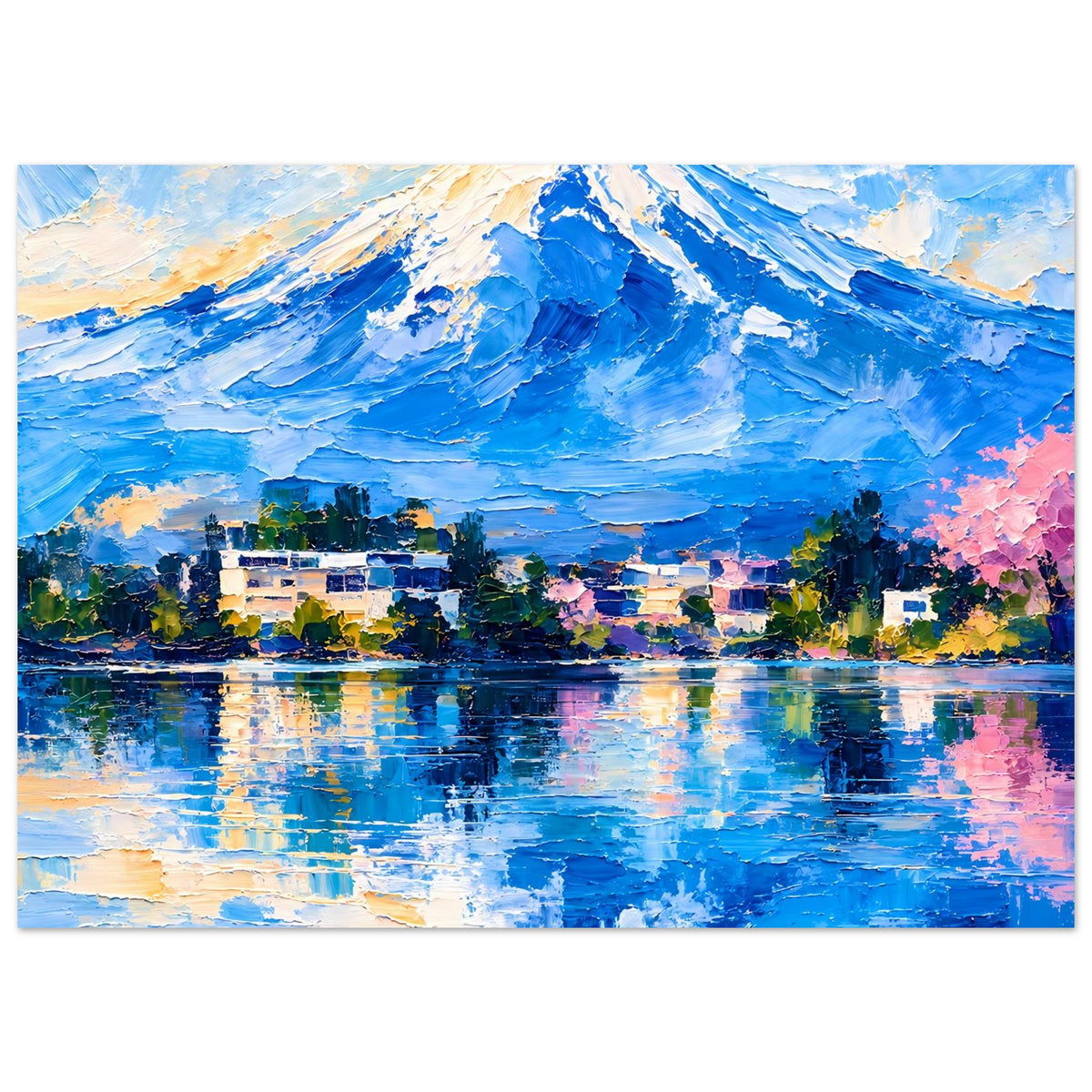 Landschaftsposter im Querformat mit blauem Berg, reflektierendem See und farbigen Akzenten
