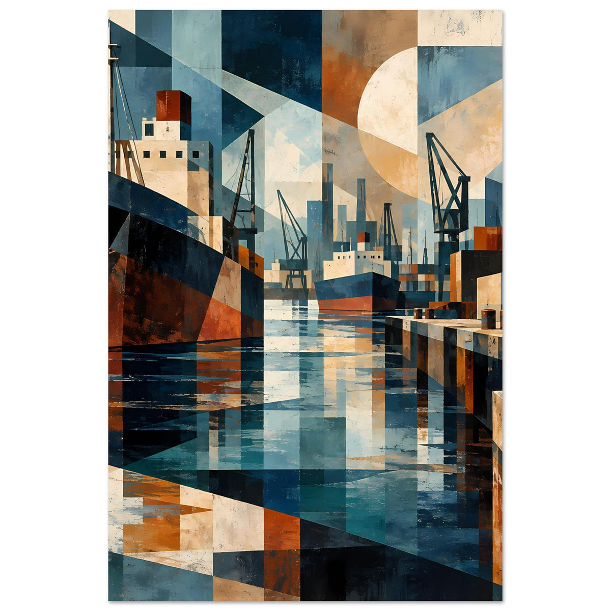 Hafen-Poster, vertikal, abstrakte Hafenlinie mit Wasserfläche, Blau, Beige und Rost