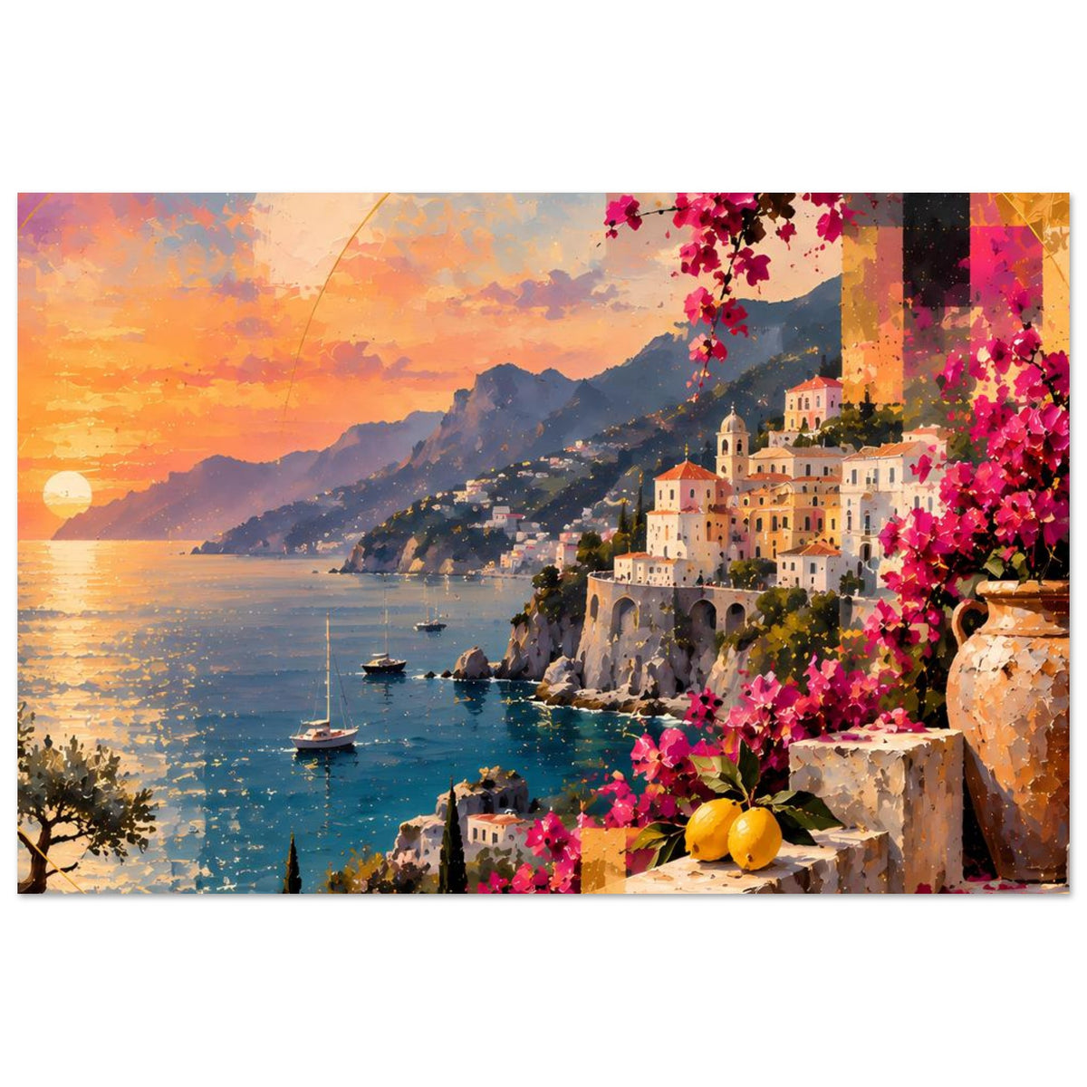 Kunstposter Meerblick mit Bougainvillea in Pink, Felsvorsprung, weißen Gebäuden und orangefarbener Dämmerung