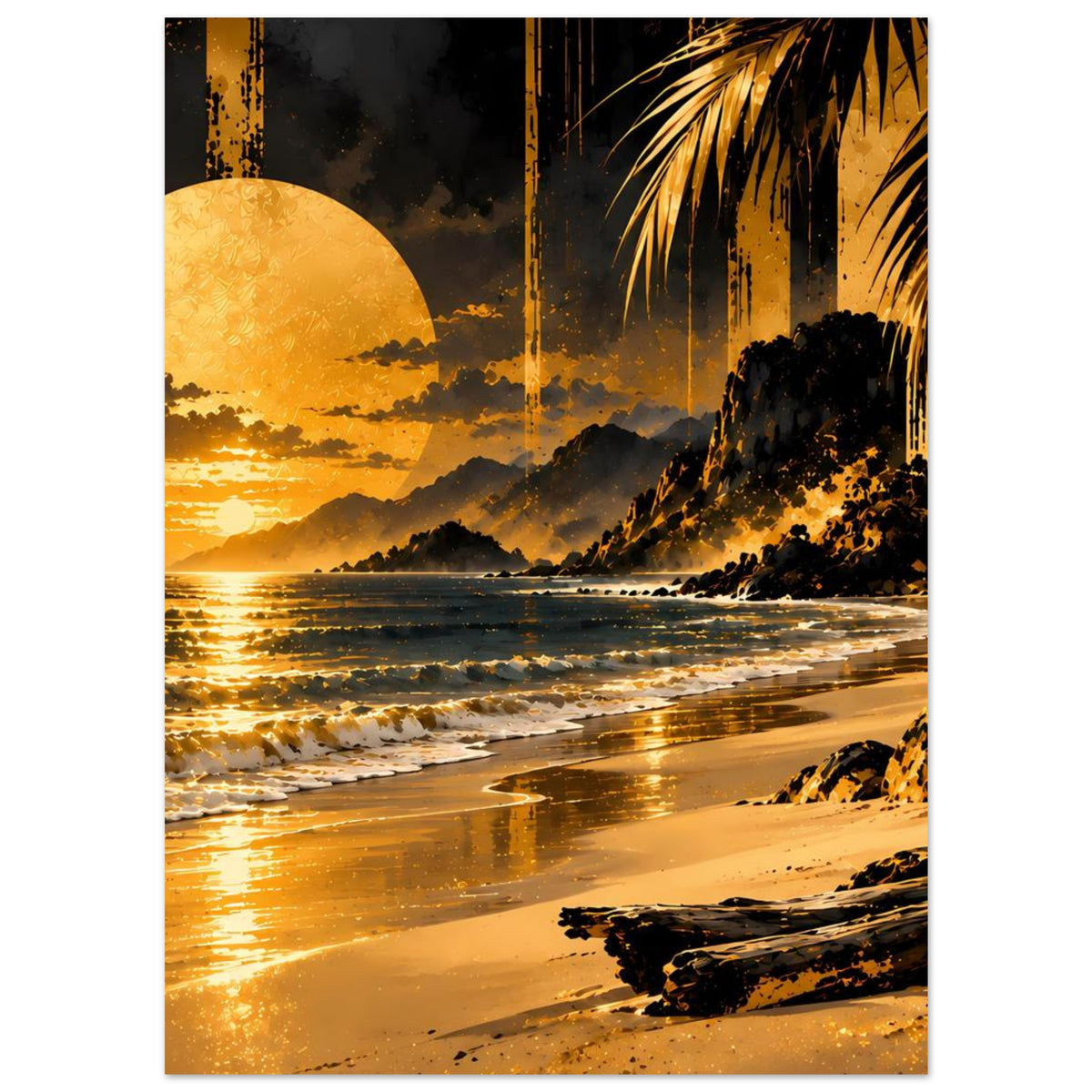 Beach-Sonnenuntergangsposter: goldenes Küstenmotiv mit Palmen, Bergen und Strand