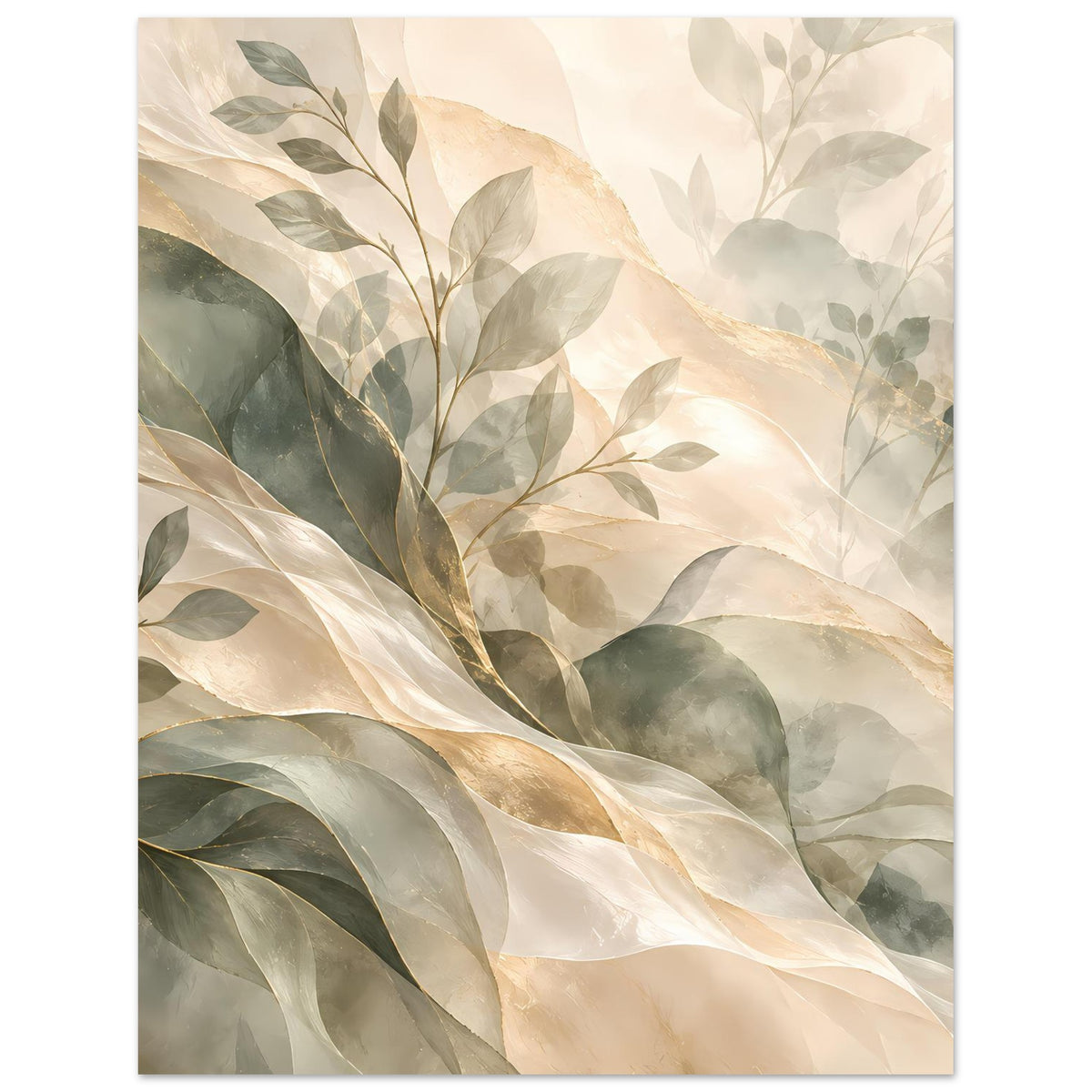 Botanisches Kunstposter im Hochformat mit Blattadern und Wellen in Salbeigrün und Creme