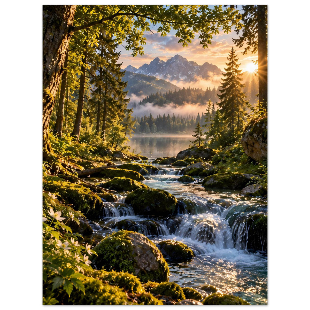 Wasserfall-Poster im Hochformat: Bach und Wasserfall zwischen Felsen, Tannenwald und Dunst