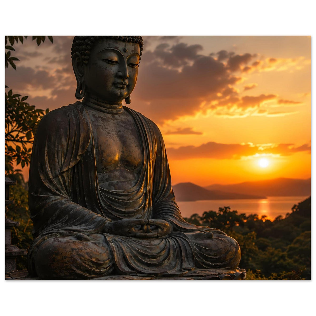 Poster mit sitzendem Buddha im Meditationssitz, dunkelgraue Statue im Nahbereich