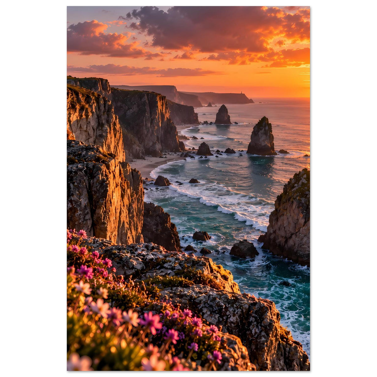 Vertikales Poster mit Küstenfelsen, Wellen am Strand und orangefarbenem Sonnenuntergang