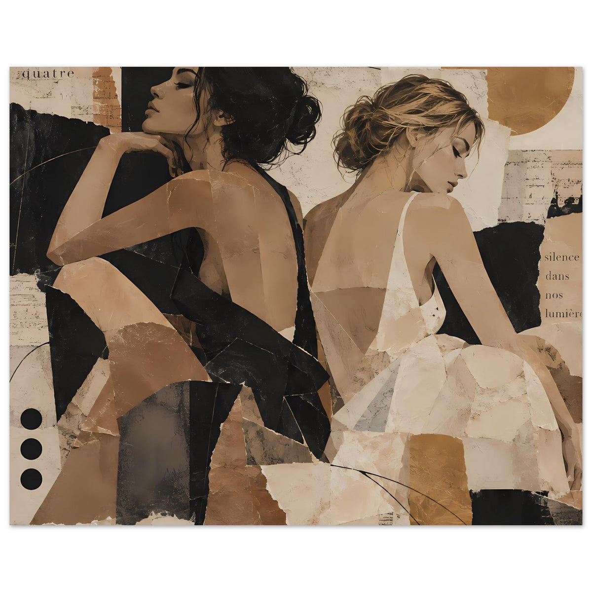 Collage-Poster im Querformat: zwei Frauen im Rückenblick, schwarze und beige Flächen