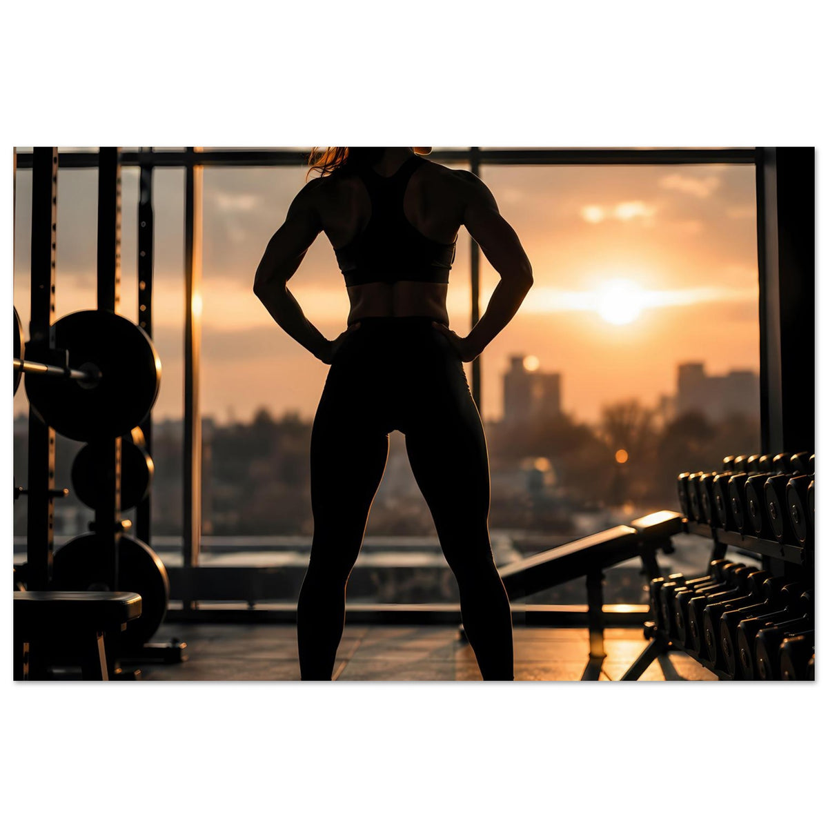 Fitness-Poster mit Sportlerin-Silhouette in schwarzer Trainingskleidung, Ganzkörper
