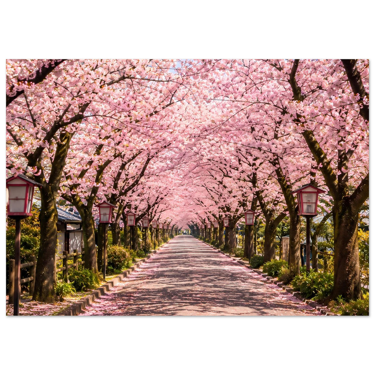 Kirschblütenposter im Querformat: Allee mit rosa Kirschblüten und langem geradem Weg
