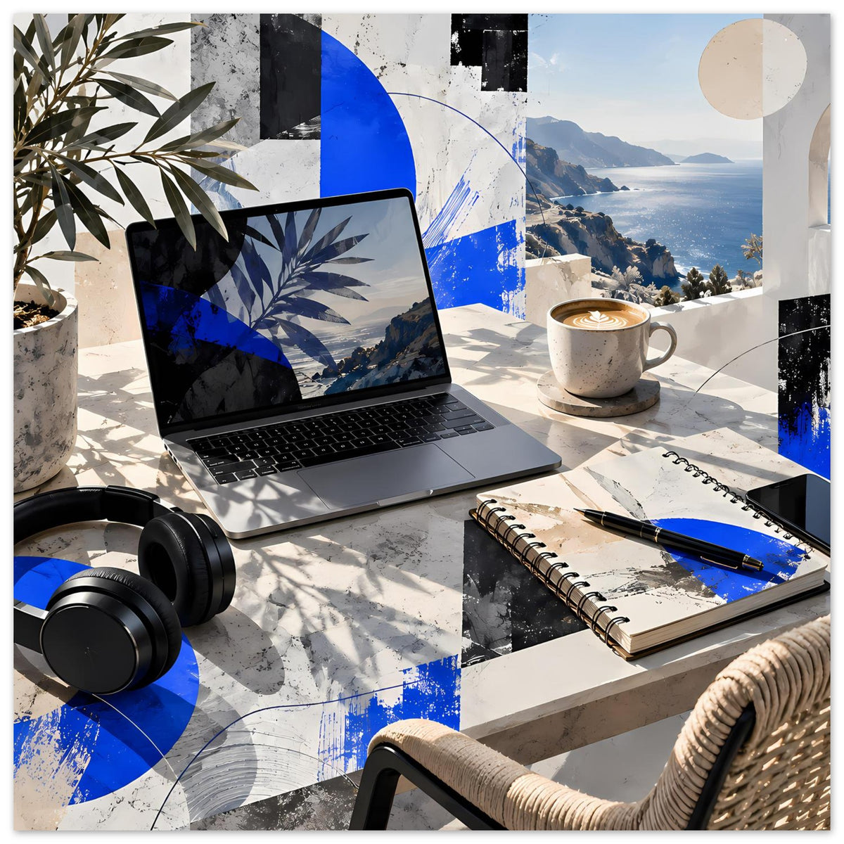 Hochformatiges Poster mit Laptop, Tasse und blauem Küstenmeer, abstrakte Collage
