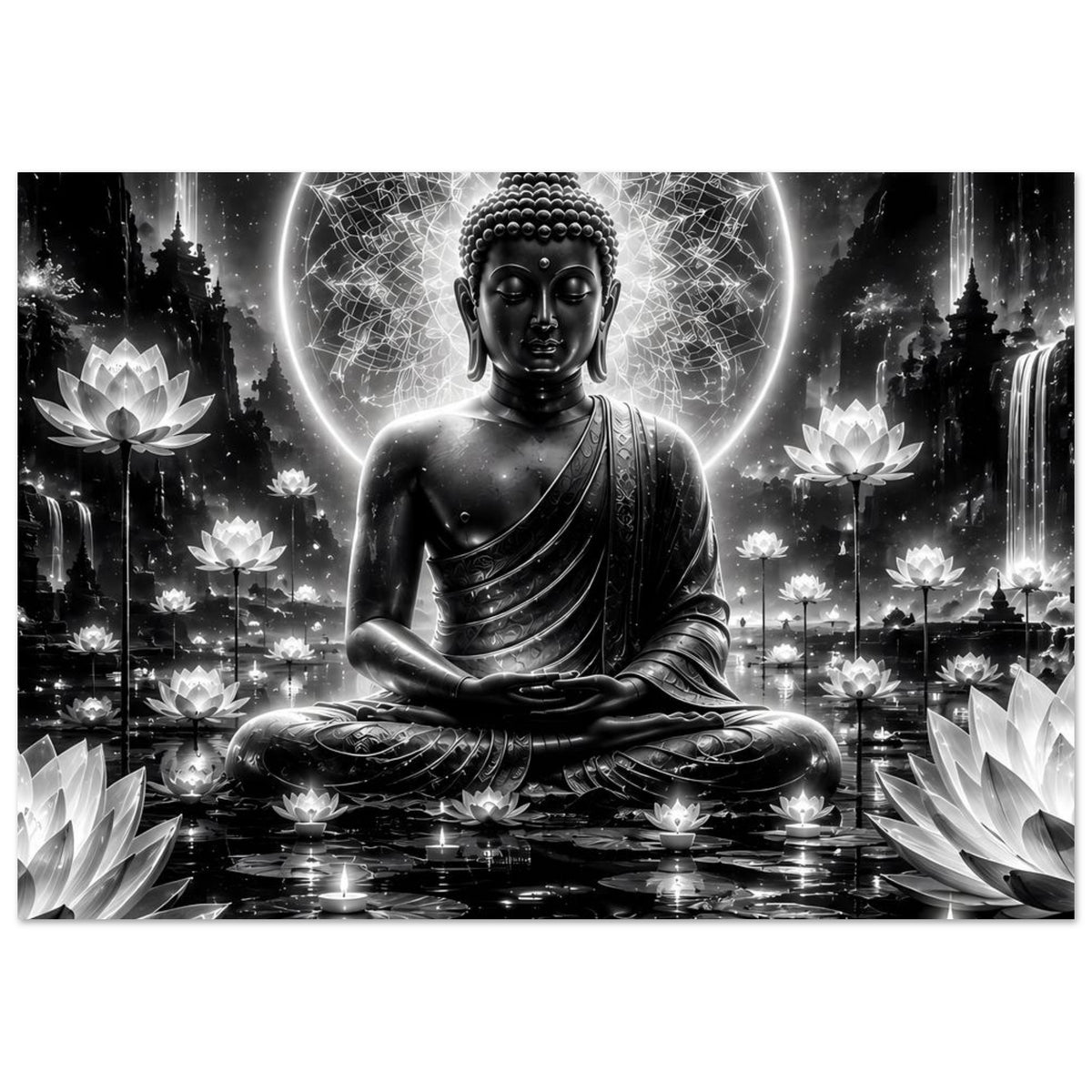 Poster: sitzender Buddha in Schwarzweiß, Mandala-Kreismuster und Lotusblüten im Bild