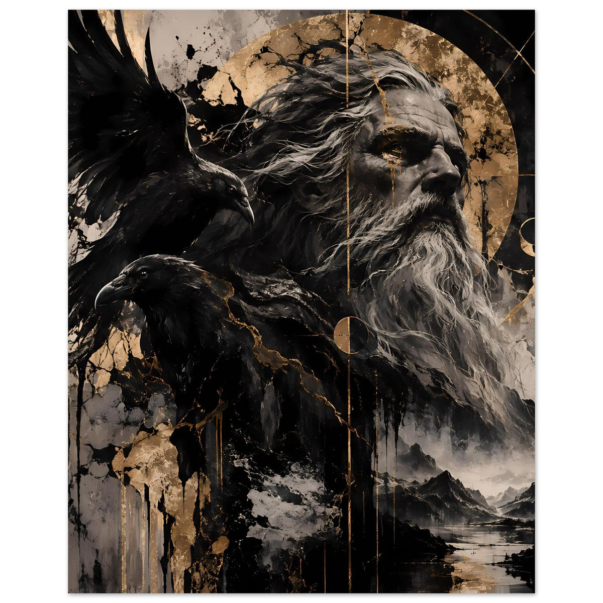Poster im Hochformat: Odin-Profil mit grauem Bart, schwarze Krähe, goldene Kreismotive, Rauch