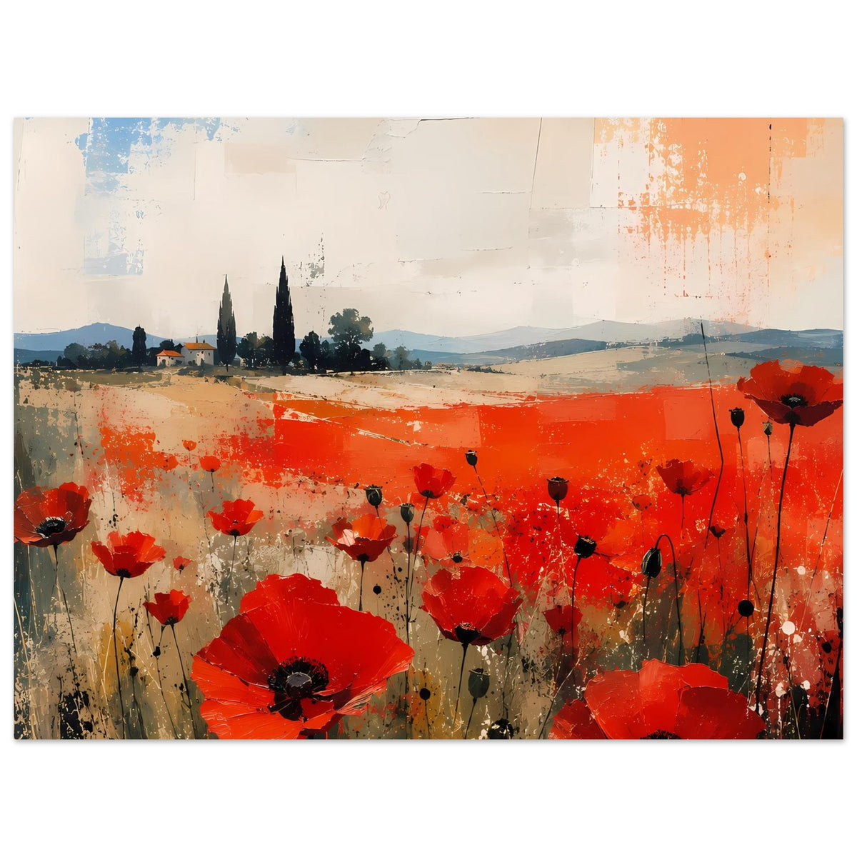 Poster mit roten Mohnblumen in abstrakter Landschaft, viele einzelne Stiele und Blüten
