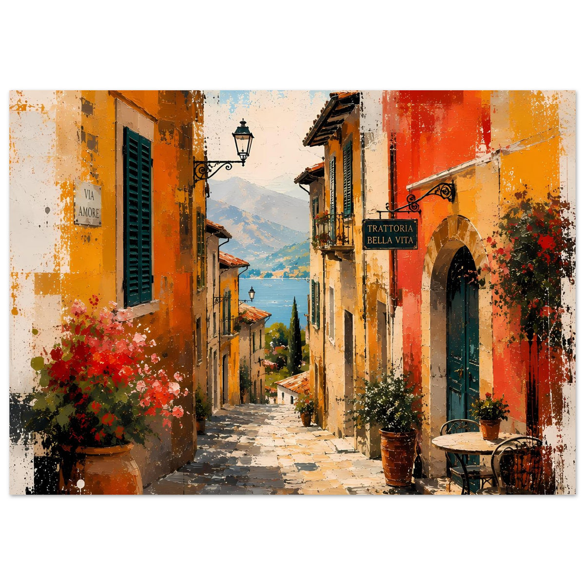 Querformatiges Wandposter: mediterrane Gasse mit warmen Wandfarben, Laterne, Pflanzen und Tischen