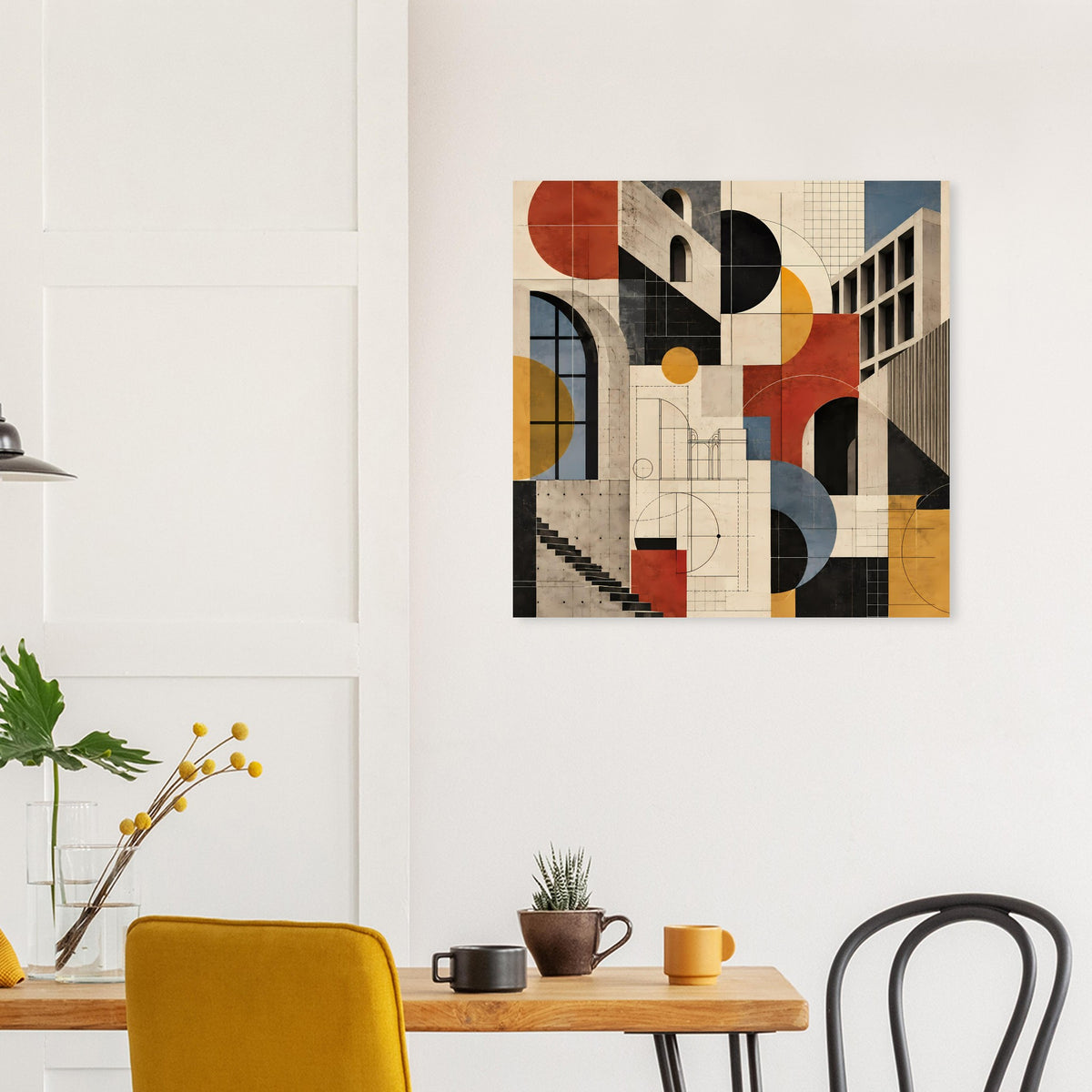 Kunstposter mit geometrischer Fassadengrafik in Terrakotta, Schieferblau und Ocker