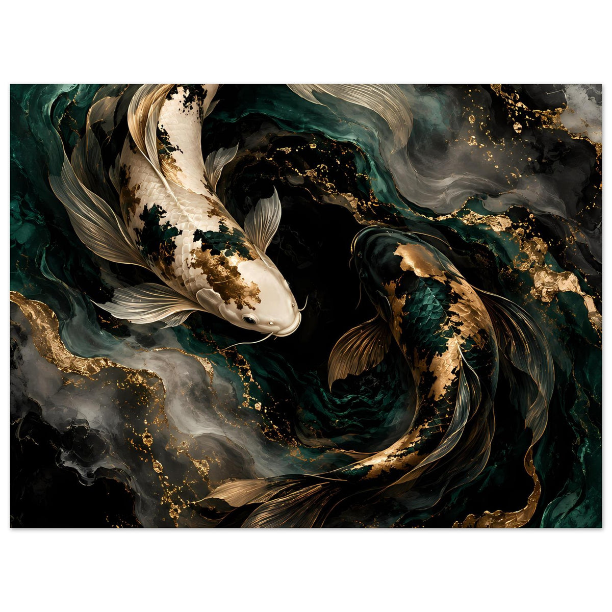 Kunstposter mit zwei Koi-Fischen in Tiefgrün, Gold und Grau, breites Motiv