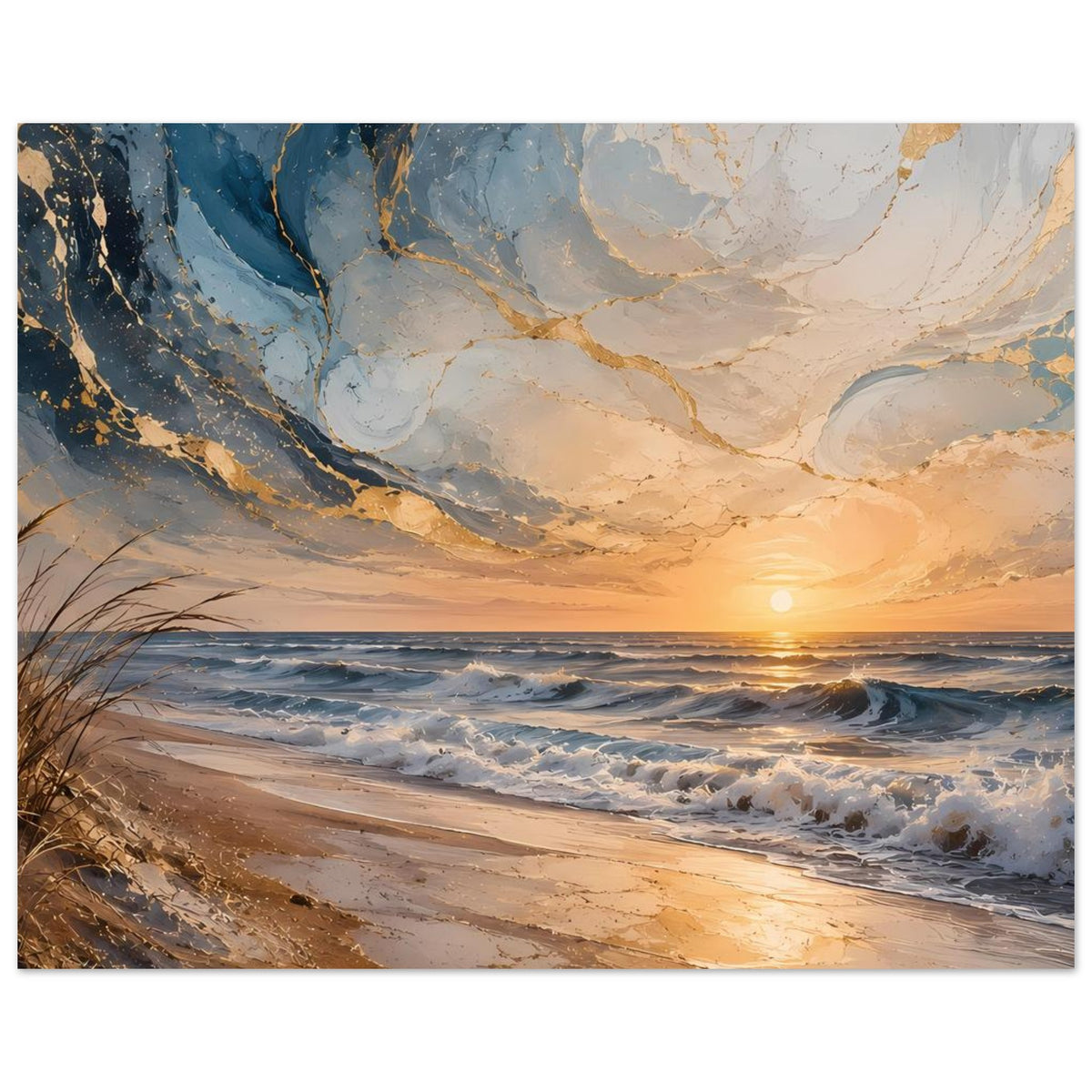 Strandposter mit goldenen Wellen, weißem Schaum und blauem Himmelbereich