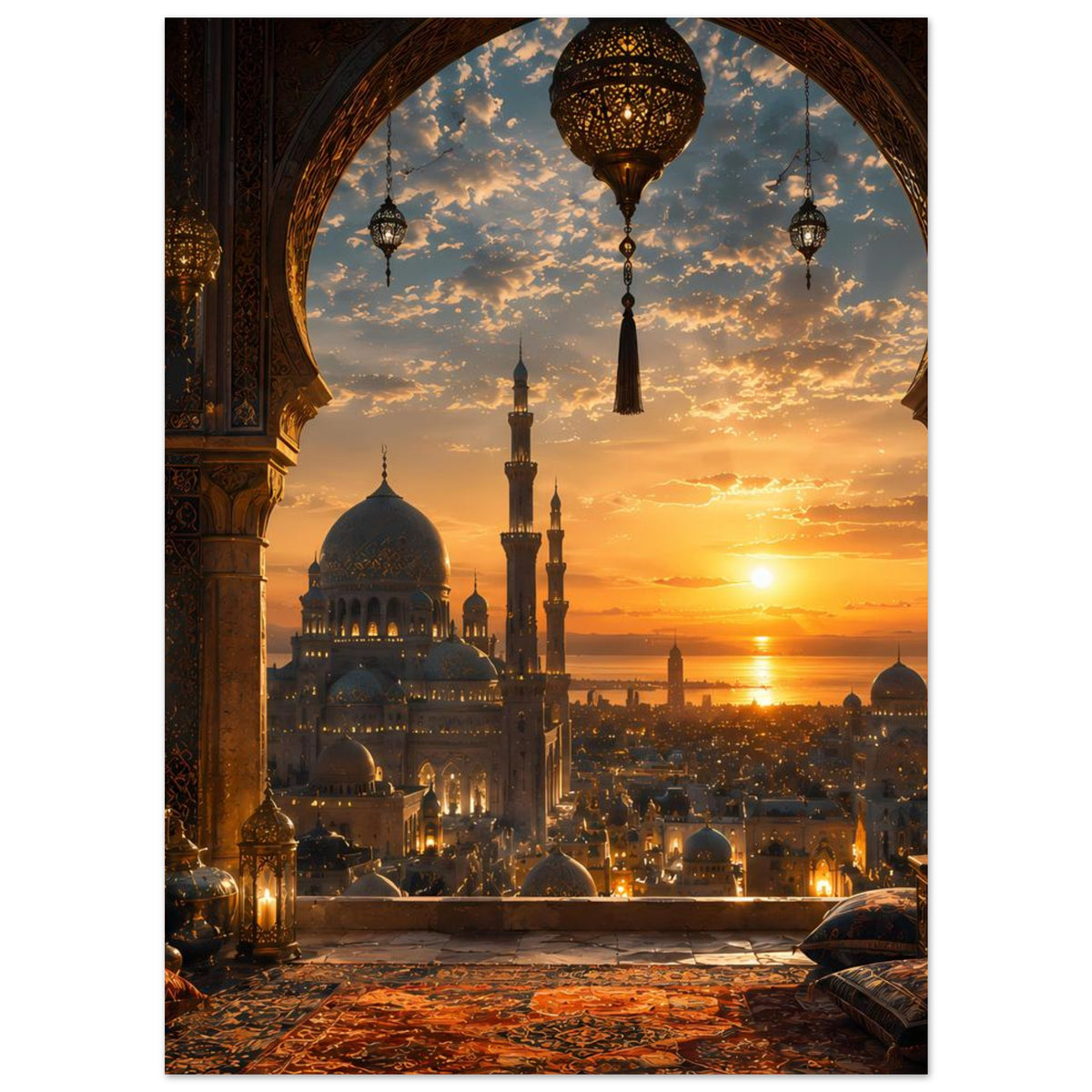 Druckposter mit Moschee-Kuppel bei Sonnenuntergang, Rundbogen mit Laternen und Stadtansicht