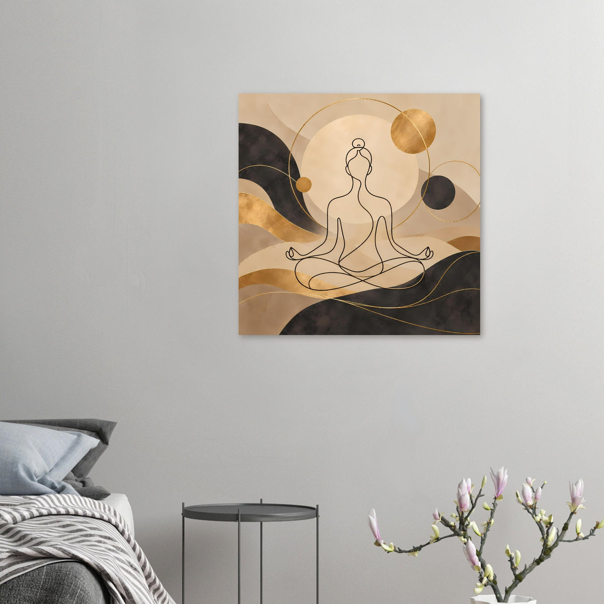 Yoga-Meditationskunstdruck: sitzende Meditationsfigur, goldene Kreise, abstrakte Liniengrafik