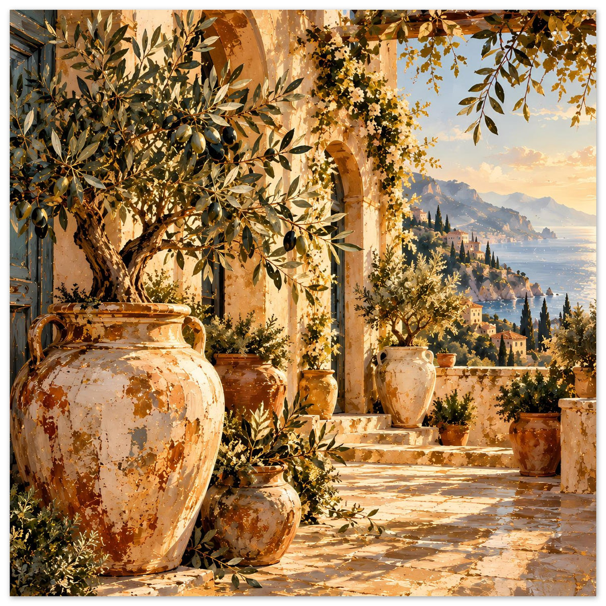 Poster im Querformat: große Vase links, Olivenzweige, Terrasse mit Landschaft im Hintergrund