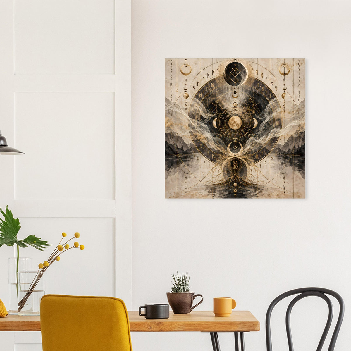 Wandposter mit dekorativer Mondphasen-Grafik in Gold- und Neutralfarben