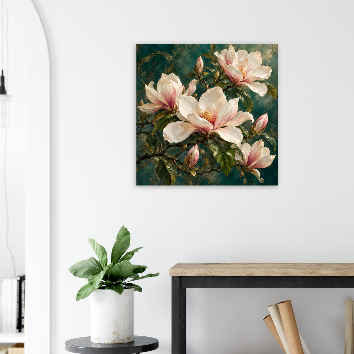 Quadratisches Poster mit Magnolienblüten in Creme und zartem Rosa