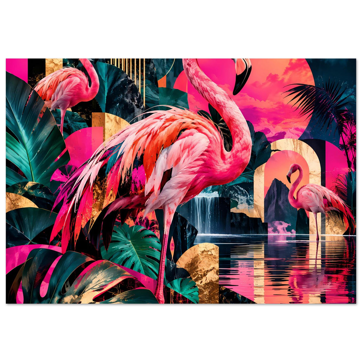 Flamingo-Poster mit tropischen Pflanzen und Flamingos, Querformat