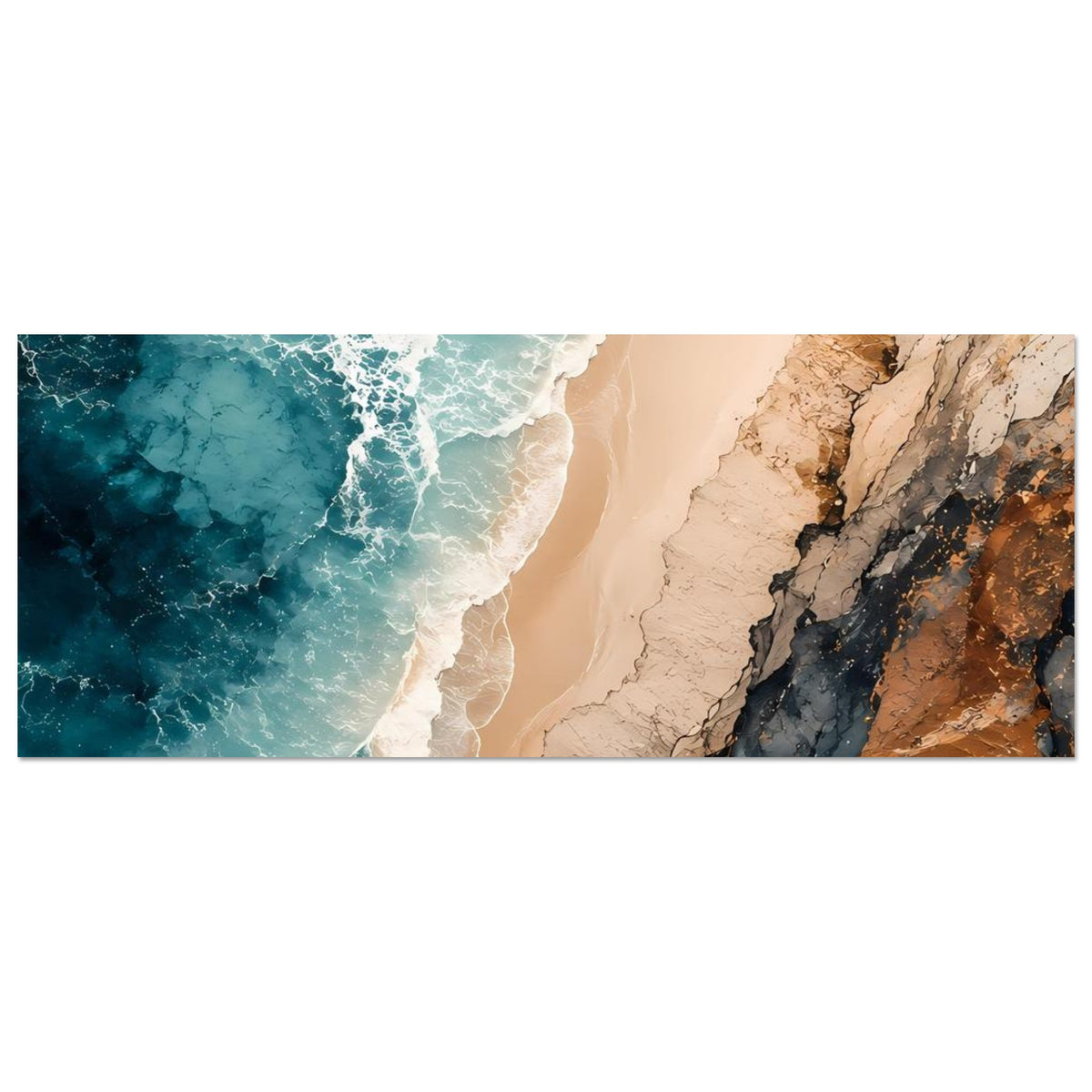Horizontales Poster mit türkisblauem Meer, Sandstrand und dunklen Felsen