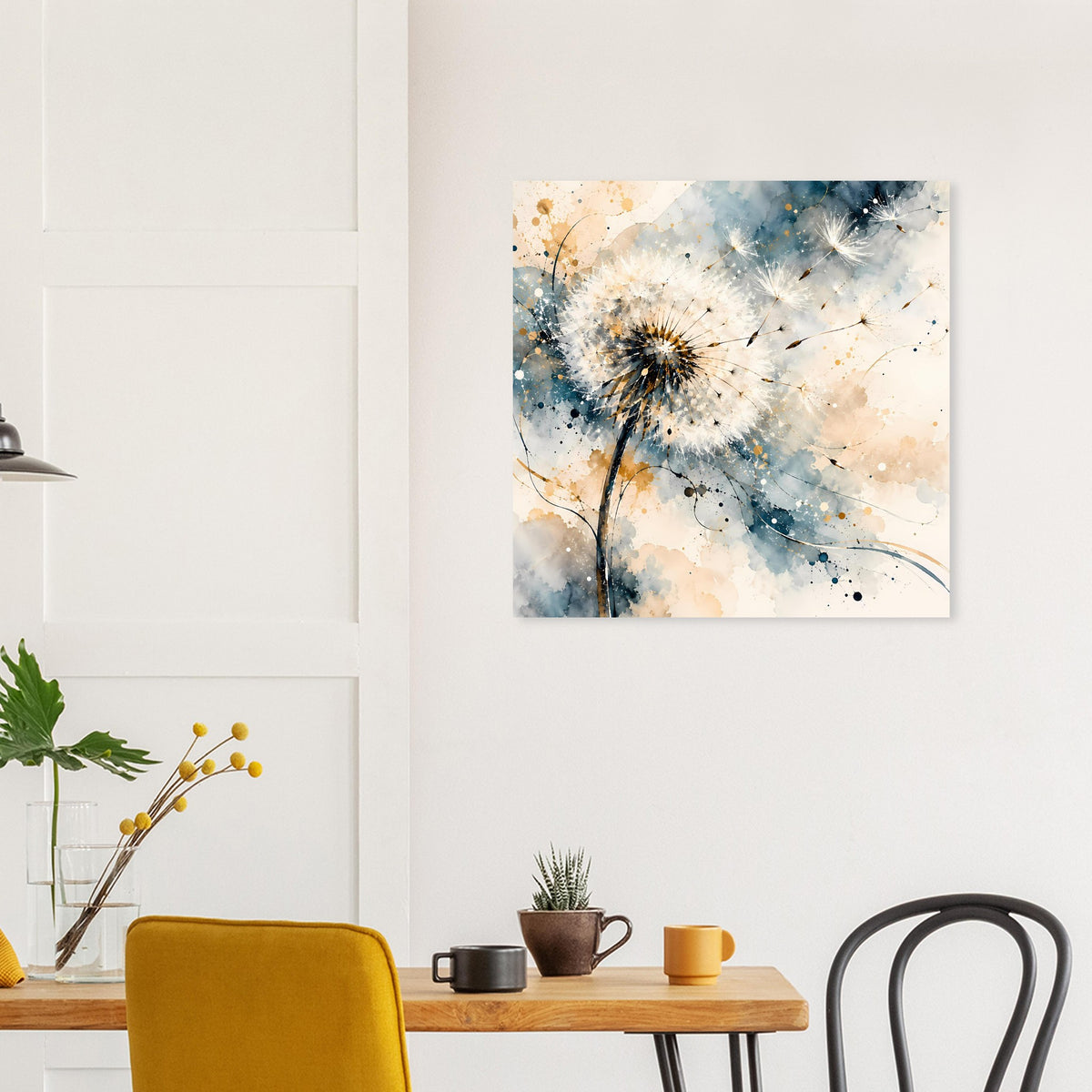 Kunstposter mit Pusteblume: blau gesprenkelter Himmel und goldene Tupfer