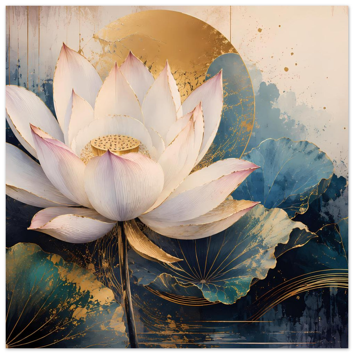 Poster mit weißen Lotusblüten, blau-goldenen Kreisen und abstrakten Blättern, gerahmt