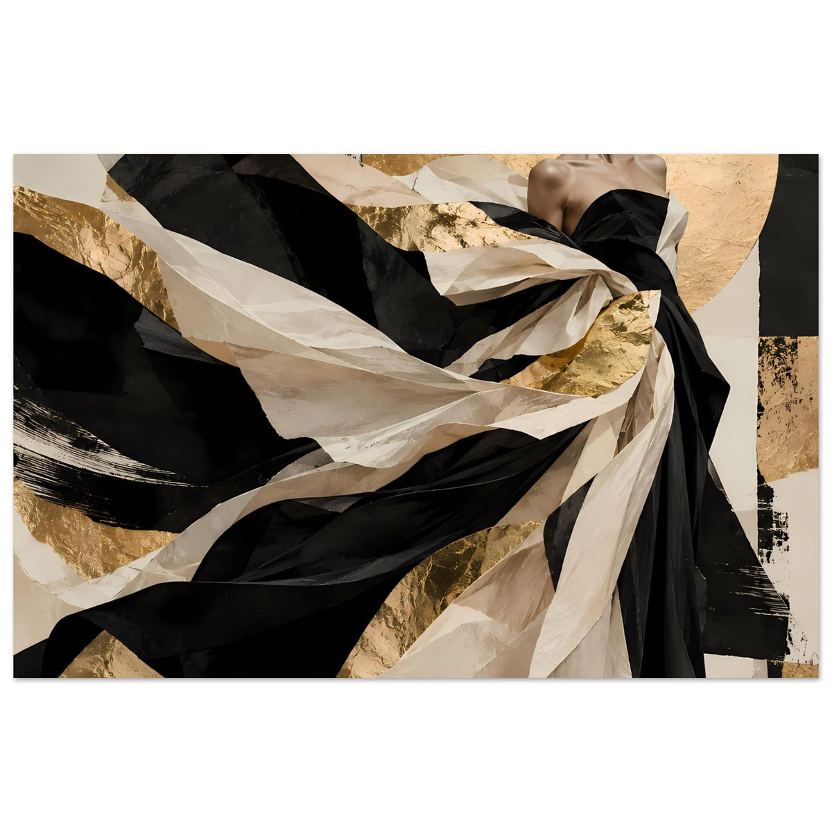 Querformatiges Wandposter: schwarz-beige Ornament mit Frau im schwarzen Kleid, gold