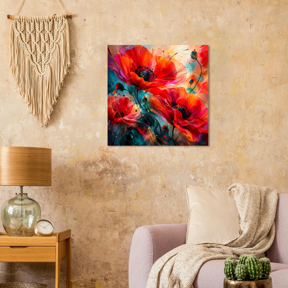 Buntes Blumenposter mit roten Blüten und abstrakten Sprenkeln in Blau und Grün