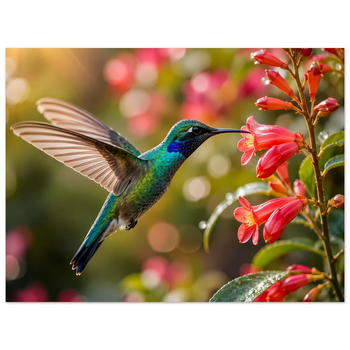 Poster mit blaugrünem Kolibri und roten Blüten auf Zweigen