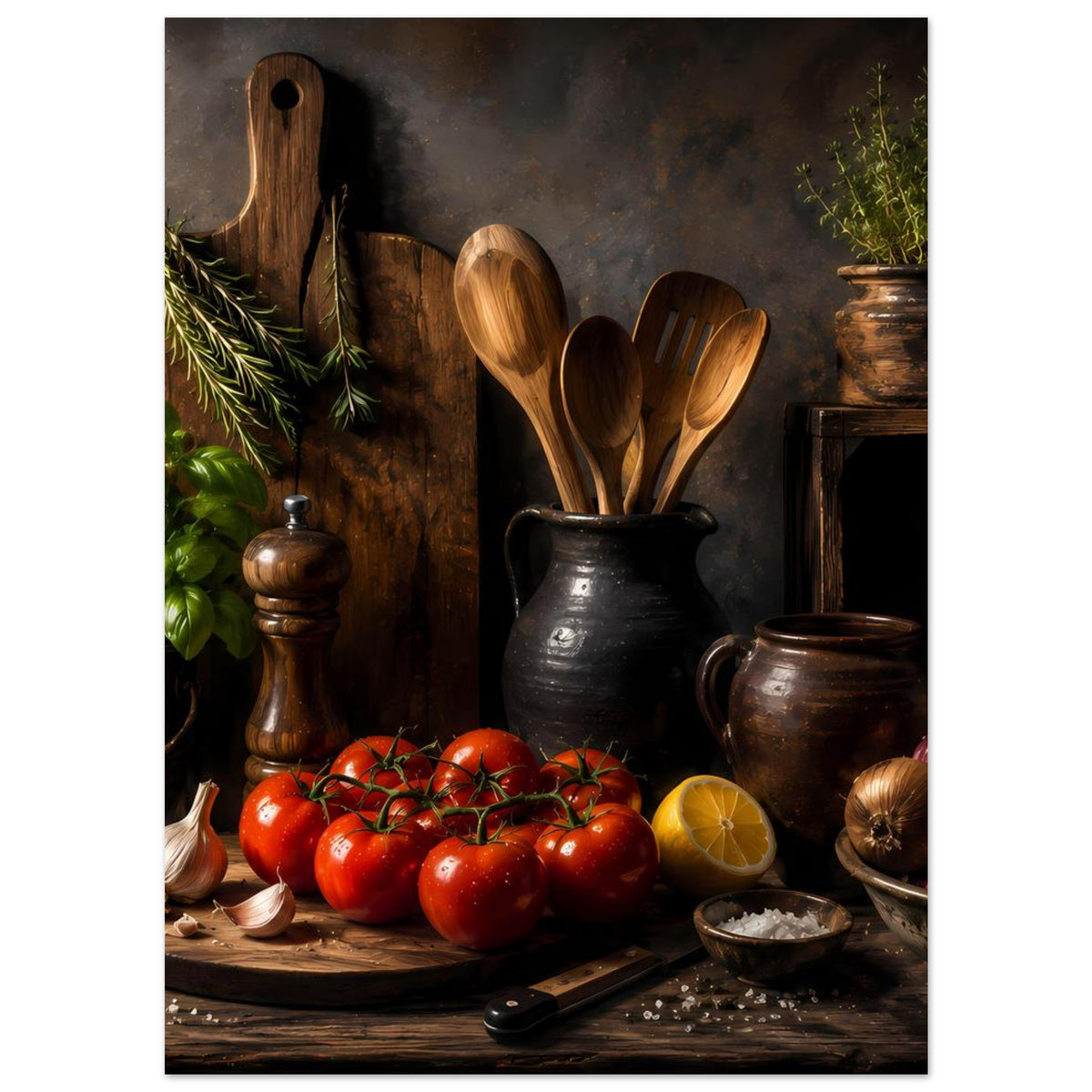 Küchenposter mit Stillleben auf Holzbrett: Tomaten, Holzutensilien, Krüge und Kräuter