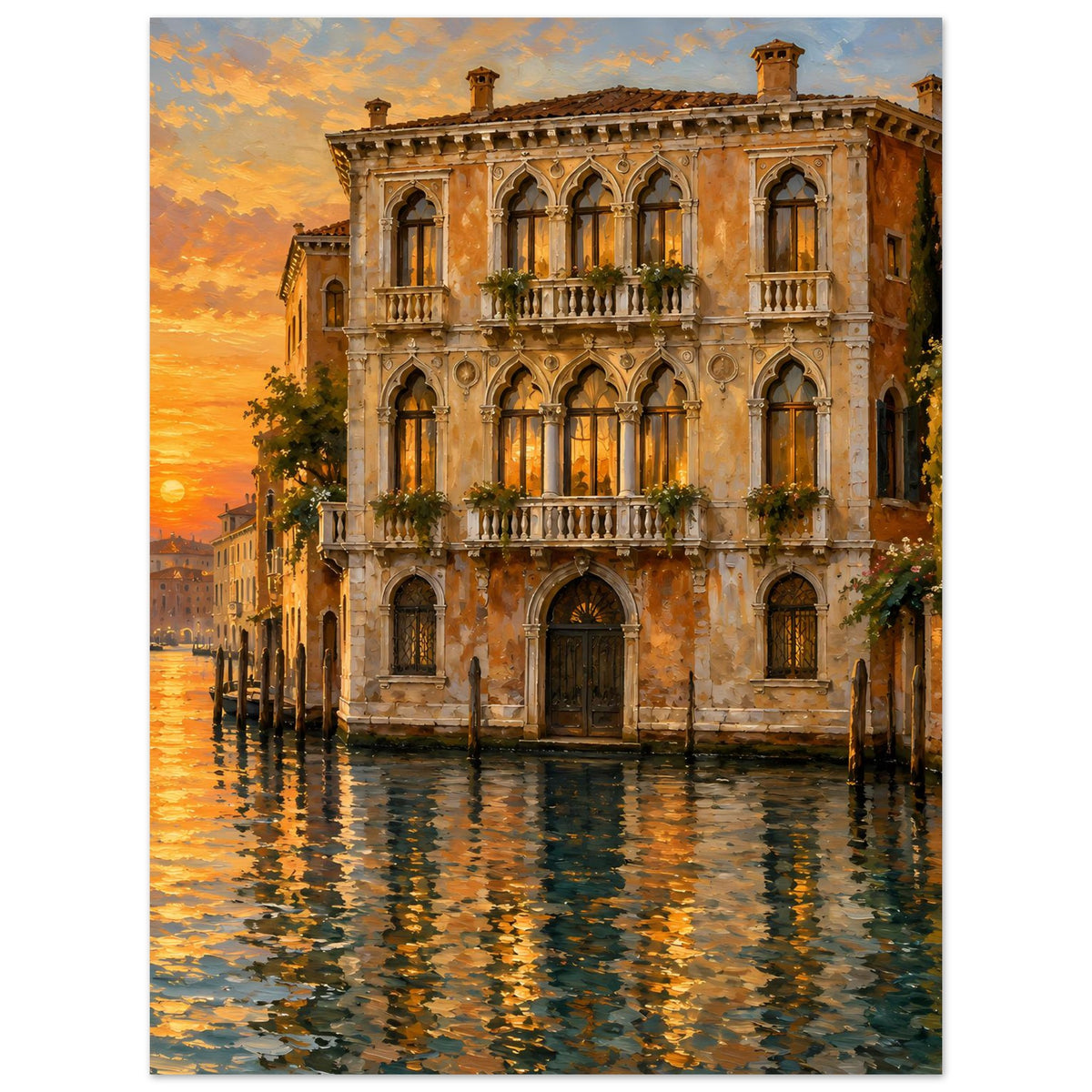Poster im Hochformat: venezianisches Gebäude mit Bögen und Spiegelungen im Kanalwasser